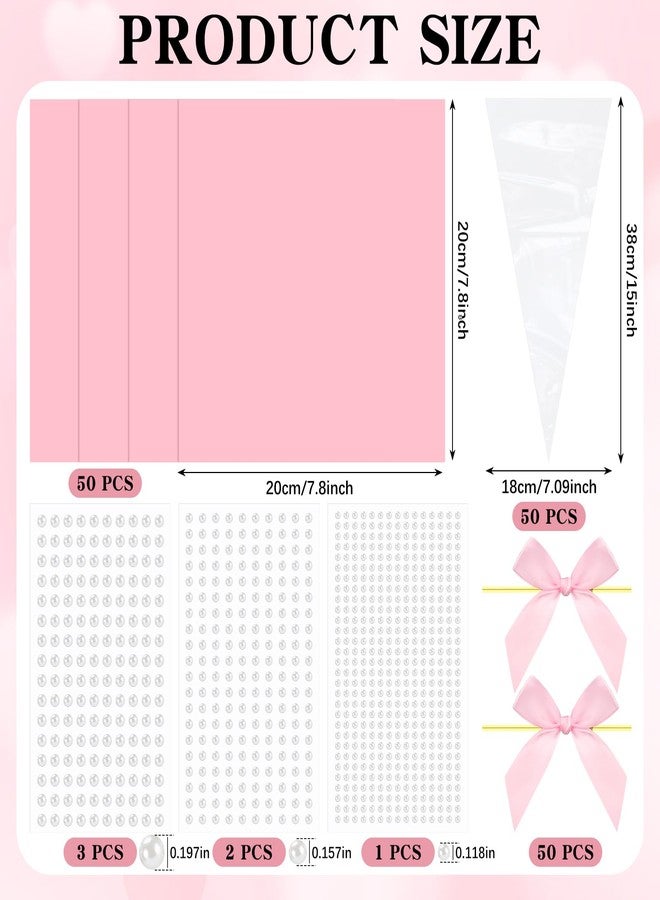 Yexiya 156 Pcs Pink Bow Cone Cellophane Bag Set DIY Sweet Cones Shaped Treat Bags Pink Card Paper, Bow and Pearl Patches for Party Favors Sweet Snack Popcorn Packing Gift - Image 3